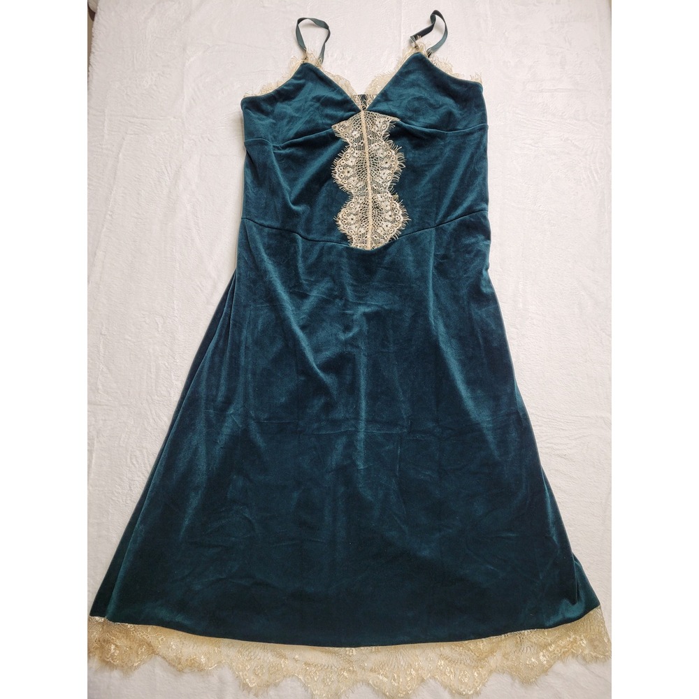 Unbranded Velvet Slip Dress Women XL Teal  Lace Trim Midi V-Neck